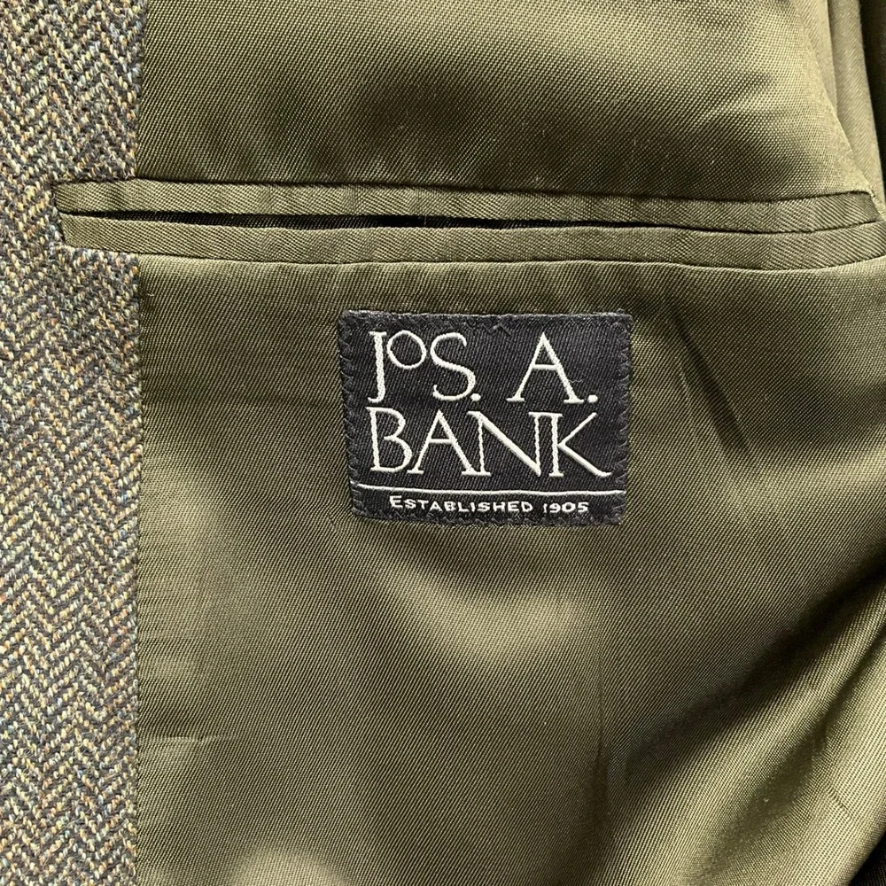 Jos A Bank Blazer Mens 43L Green Gray Multi Herringbone Heritage Two Button Wool